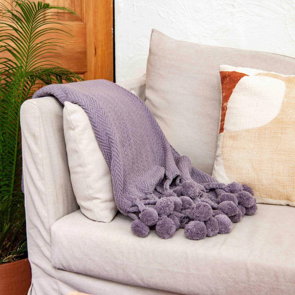Playful Poms Gray Cotton Throw Blanket with Pom Pom Trim