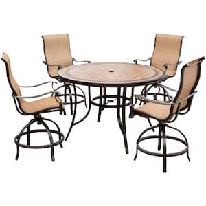 Monaco 5-Piece Aluminum Outdoor High Dining Set with Round Tile-top Table and Contoured Sling Swivel Chairs