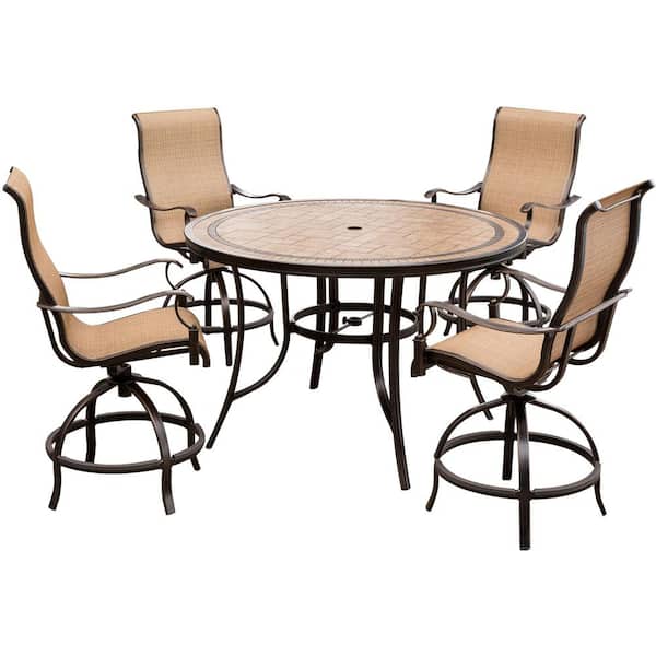 Hanover Monaco 5-Piece Aluminum Outdoor High Dining Set with Round Tile-top Table and Contoured Sling Swivel Chairs