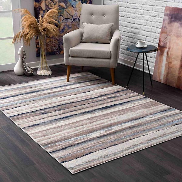 Blue and Beige 2 ft. x 13 ft. Distressed Stripes Runner Rug