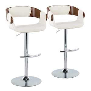 Elisa 32 in. Cream Fabric, Walnut Wood and Chrome Metal Adjustable Bar Stool (Set of 2)