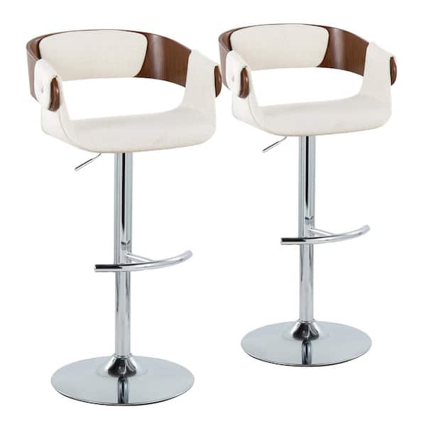 Lumisource Elisa 32 in. Cream Fabric, Walnut Wood and Chrome Metal Adjustable Bar Stool (Set of 2)