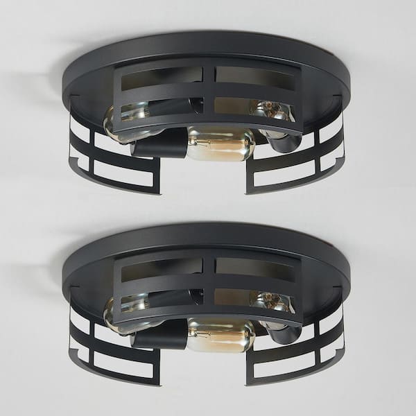 12.6 in. 3-Light Black Flush Mount Ceiling Light Fixture with Metal Caged Shade and No Bulbs Included (2-Pack)