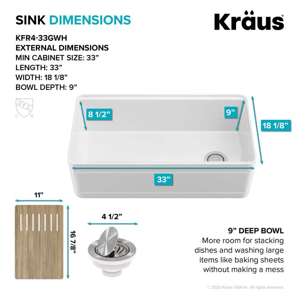 Gloss White Fireclay Farmhouse Single Bowl Kitchen Sink with Accessories