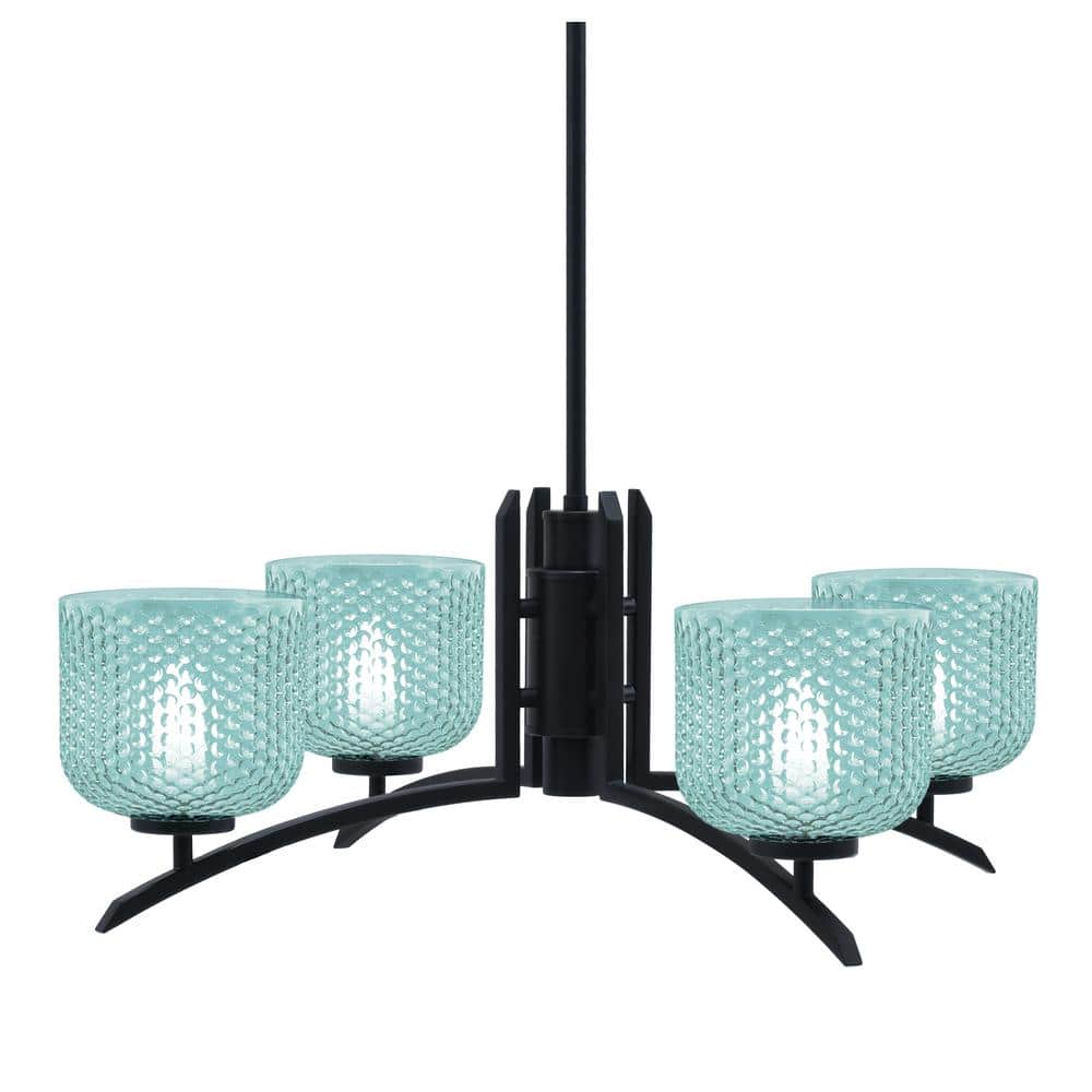 Siena 27.5 in. 4 Light Matte Black Chandelier with Turquoise Textured Glass