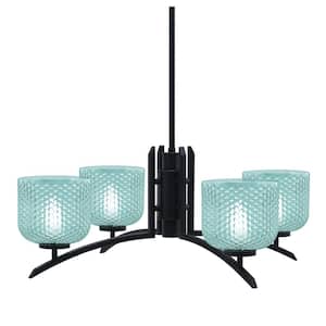 Siena 27.5 in. 4 Light Matte Black Chandelier with Turquoise Textured Glass Shades