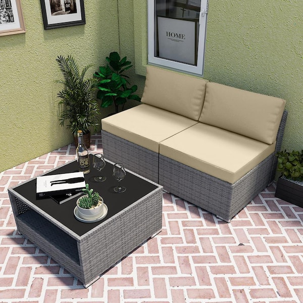 EAGLE PEAK 3-Piece Armless Wicker Outdoor Patio Conversation Seating Sofa Set with Coffee Table, Beige Cushions