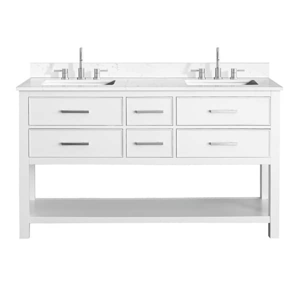 Brooks 61 in. Double Sink White Bath Vanity with Cala White Engineered Stone Top