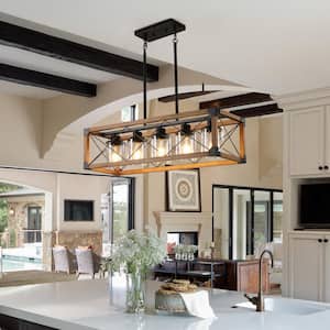 Retro 5-Light Walnut&Black Rectangular Chandelier with Glass Shade for Kitchen Island with No Bulbs Included