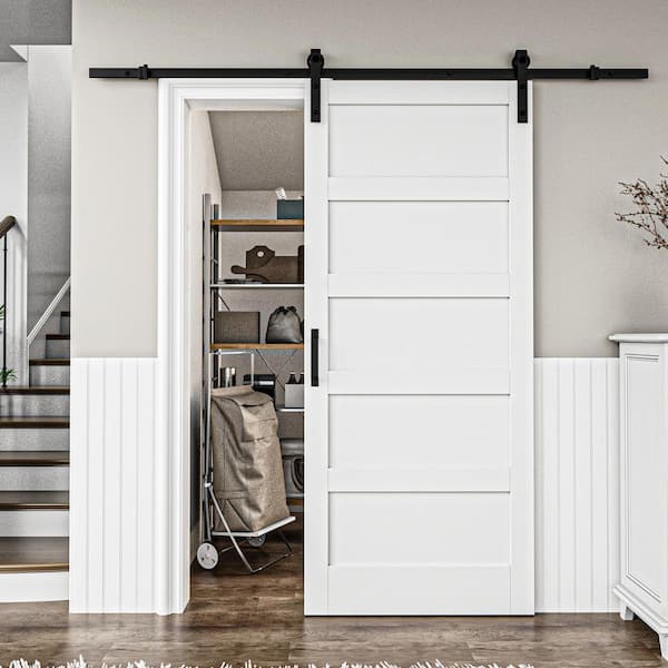 ARK DESIGN 36 in. x 84 in. Paneled 5 Lites White MDF with PVC Prefinished Sliding Barn Door Slab with Installation Hardware Kit