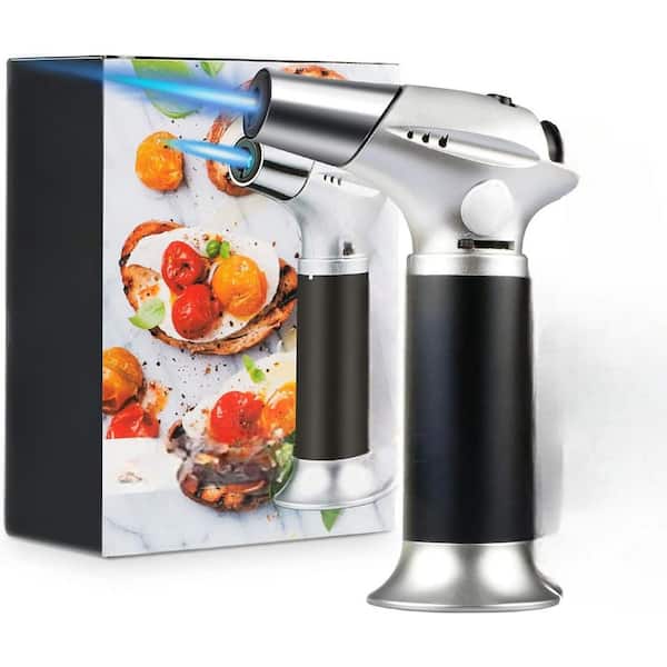 Adrinfly Professional Kitchen Cooking Blow Torch with Adjustable Flame and Safety Lock for BBQ, Baking, Brulee, Crafts, Silver