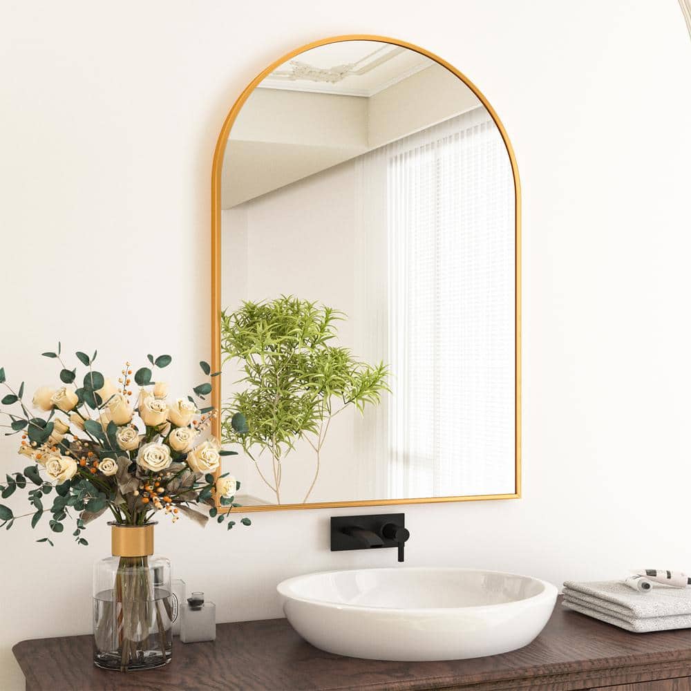 XRAMFY 24 in. W x 36 in. H Arched Gold Aluminum Alloy Framed Wall Mirror BACSC2436GOLD The