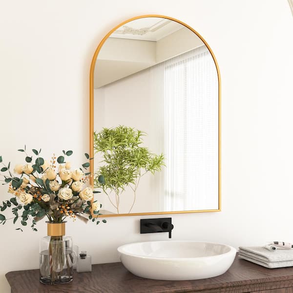 XRAMFY 24 in. W x 36 in. H Arched Gold Aluminum Alloy Framed Wall Mirror