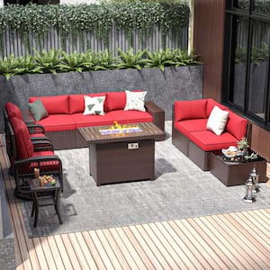10-Piece Outdoor Rattan Wicker Patio Conversation Set with Fire Pit Table Swivel Chairs Red Cushions