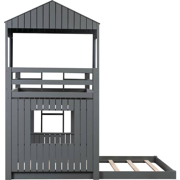 ANBAZAR Gray Twin Over Full Wood House Bunk Bed with Windows ANBAZAR Gray Twin Over Full Wood House Bunk Bed with Windows