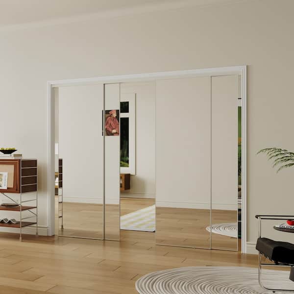 96 in. x 80 in. Full Lite, MDF, Silver, Mirrored Glass Sliding Door with Aluminum Frame and Handles