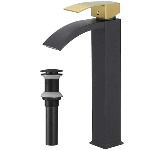 HOMEMYSTIQUE Single Handle Waterfall Vessel Sink Faucet with Drain Kit Included in Matte Black