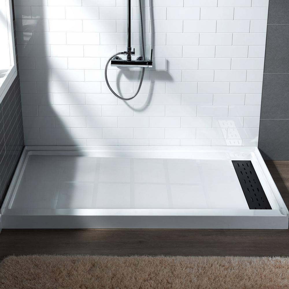 48" White Rectangular Shower Pan with Matte Black Drain Cover