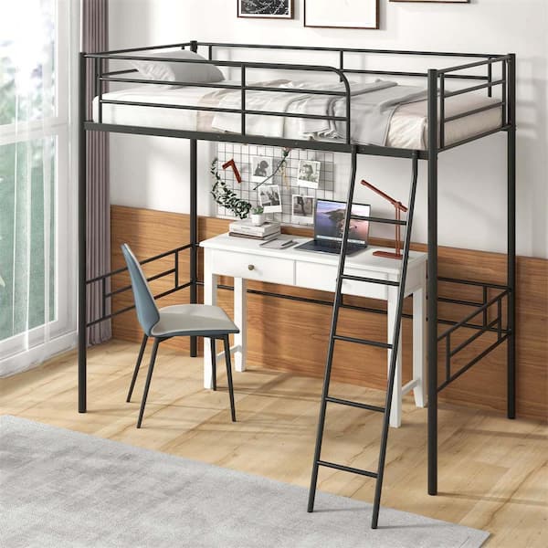 Costway Black Twin Metal Loft Bed Frame with Ladder Loft Bed with Safety Guardrails