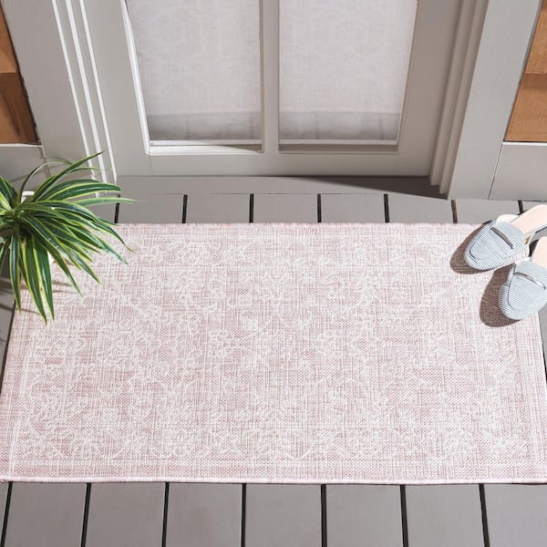 Courtyard Soft Pink/Ivory 2 ft. x 4 ft. Border Floral Scroll Indoor/Outdoor Area Rug