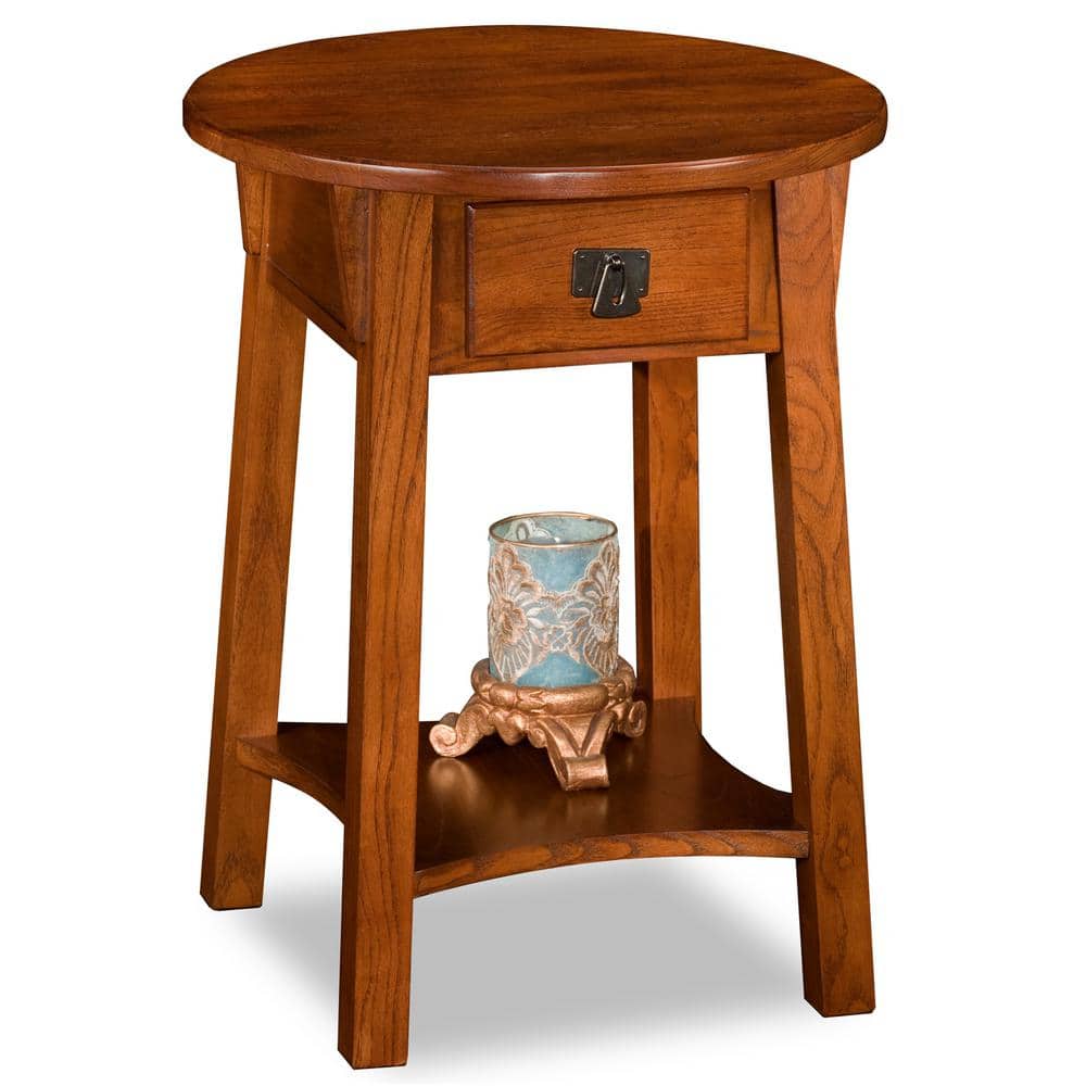 Russet Solid Wood Round End Table with Drawer and Shelf