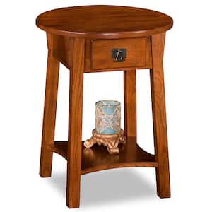 18 in. W Mission One Drawer Anyplace Round Side Table with Shelf, Russet Wooden Top