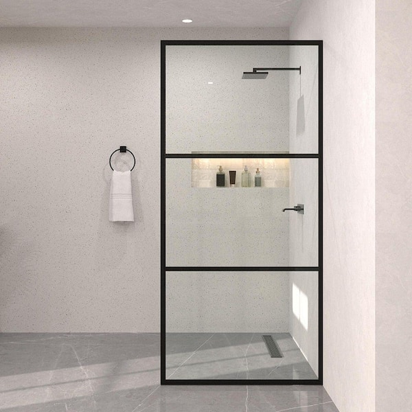 Monture 34 in. W x 72 in. H Fixed Framed Shower Screen Door in Matte Black with Patterned Glass