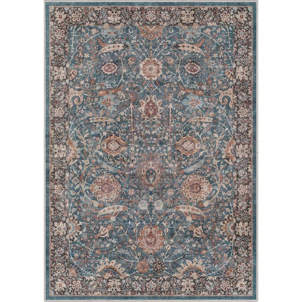 Well Woven Asha Liana Vintage Oriental Teal 3 ft. 11 in. x 5 ft. 3 in. Machine Washable Area Rug