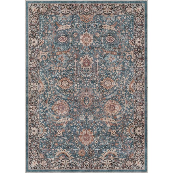 Well Woven Asha Liana Vintage Oriental Teal 7 ft. 7 in. x 9 ft. 10 in. Machine Washable Area Rug