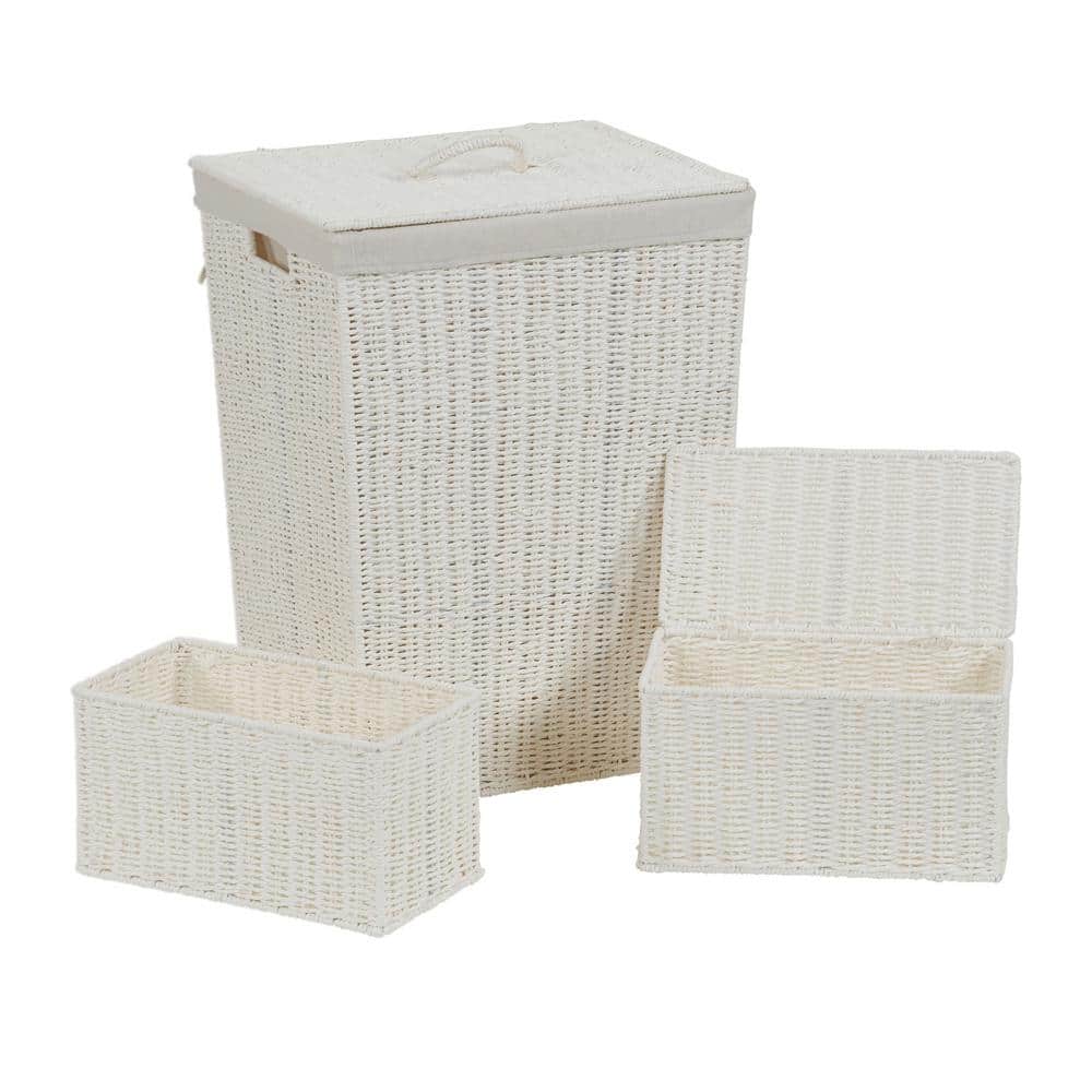 Set of 3 Resin White Paper Rope Woven Wicker Hamper Basket Storage Box With Lid 