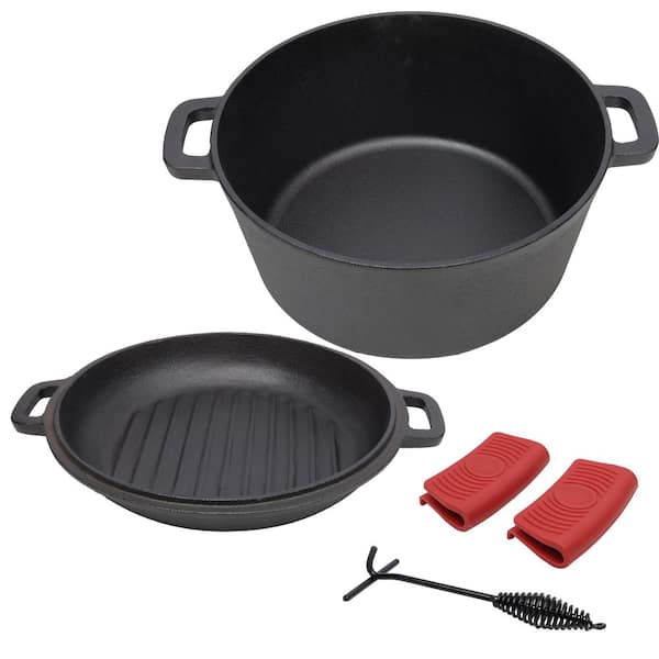 5 qt. 3-in-1 Pre-Seasoned Cast Iron Dutch Oven, Lid as Skillet, Includes 2 Silicone Covers and Lid Lifter, Black