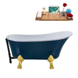 55 in. Acrylic Clawfoot Non-Whirlpool Bathtub in Matte Light Blue With Polished Gold Clawfeet And Matte Black Drain