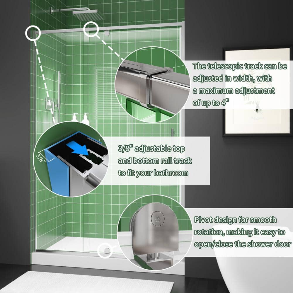 48 in. Chrome Semi-Frameless Pivot Shower Door with Clear Glass