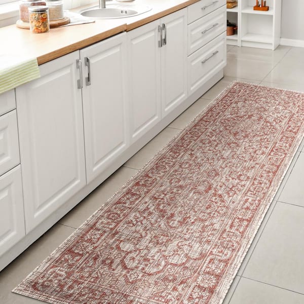 JONATHAN Y Rozetta Red/Taupe 2 ft. x 10 ft. Boho Medallion Textured Weave Indoor/Outdoor Runner Rug