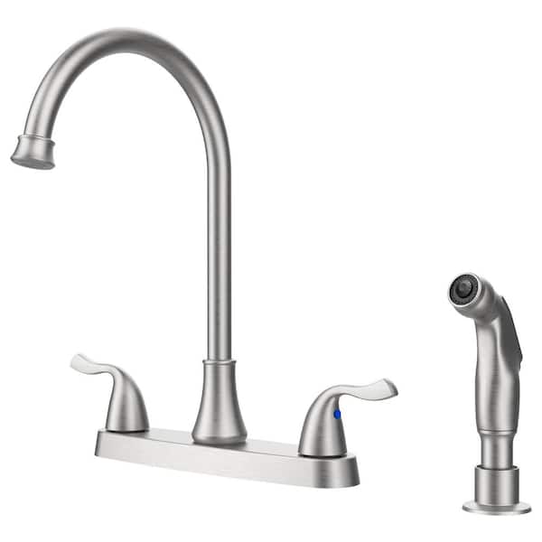 Lukvuzo 360° Swivel Double Handle with Pull Out Side Sprayer Kitchen Faucet Deckplate Included in Brushed Nickel