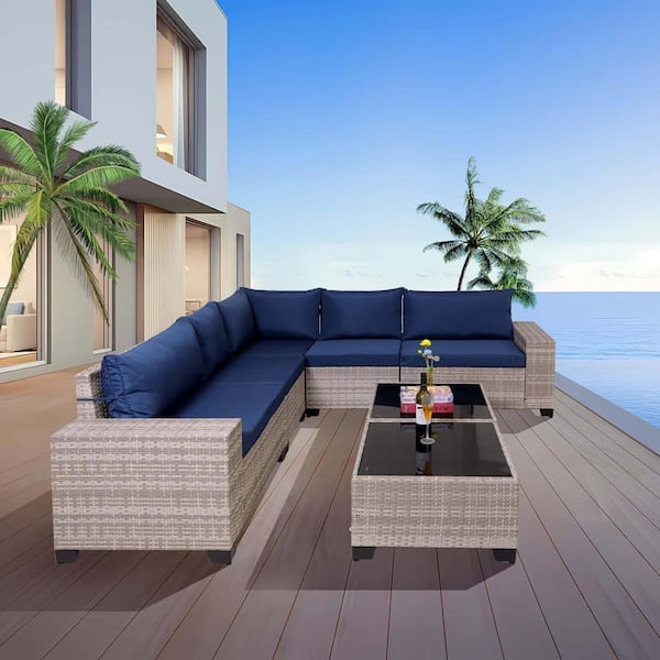 Grey White 7-Piece Wicker Outdoor Patio Sectional Set with Blue Cushions