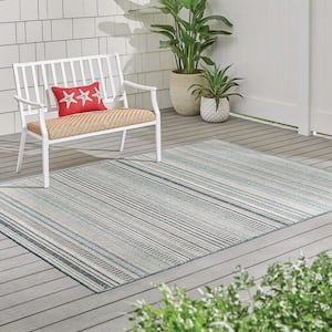Blue and White 6 ft. x 9 ft. Coastal Stripes Indoor/Outdoor Patio Area Rug