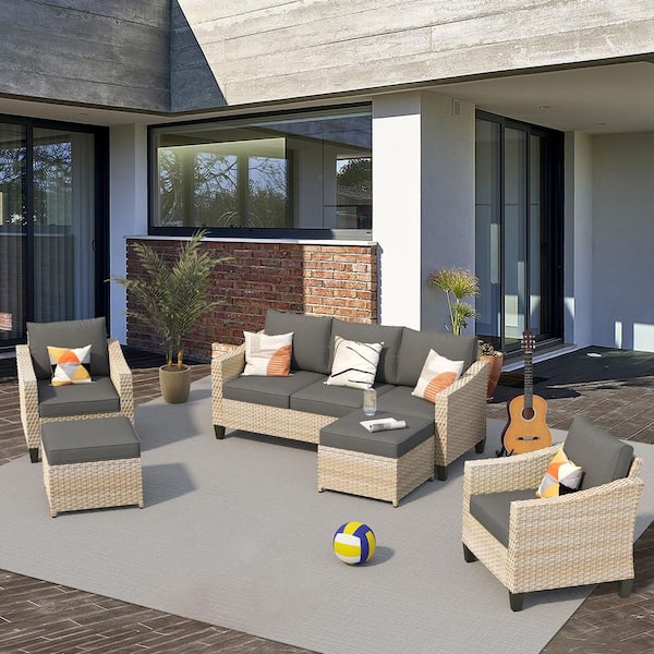 Toject Barkley Beige 5-Piece Outdoor Patio Conversation Sofa Seating Set with Black Cushions