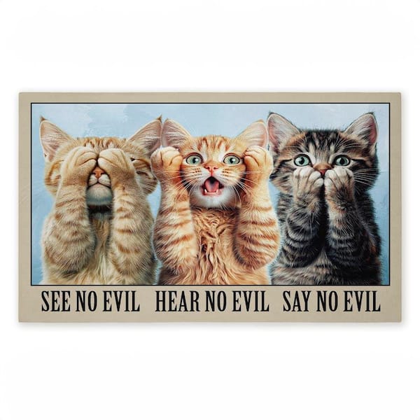 See No Evil Cats Trio Beige 18 in. x 30 in. Polyester Non-Slip Outdoor Door Mat