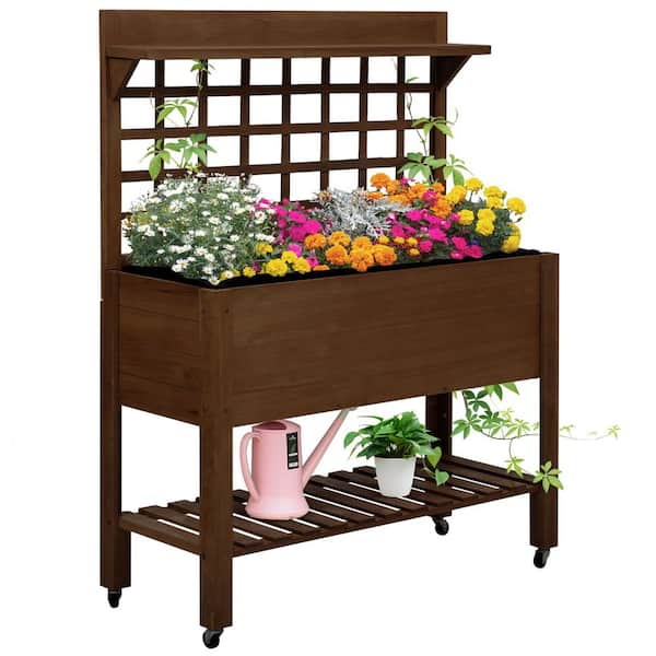 Outsunny Dark Brown Wood Raised Garden Bed, Elevated Planter Box with Legs & Wheels, 2 Storage Shelves