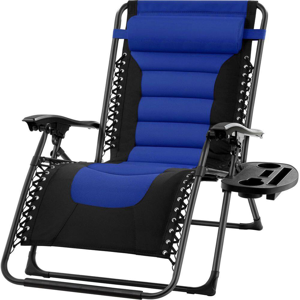Padded Blue Metal Outdoor Recliner with Headrest, Side Tray