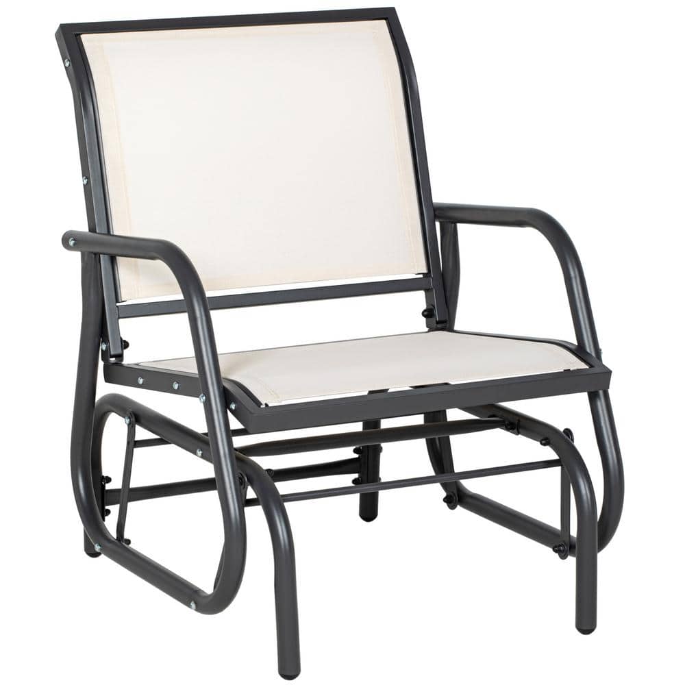 Cream White 26 in. Metal Outdoor Glider with Breathable Mesh Fabric and Cur