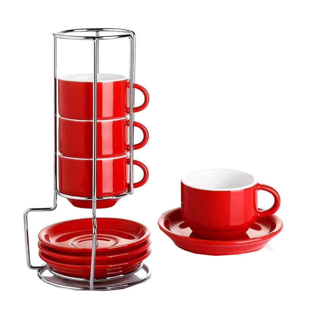 4 oz. Red Porcelain Stackable Espresso Cups with Saucers and Metal Stand (Set of 4) price history on PriceWatchPro