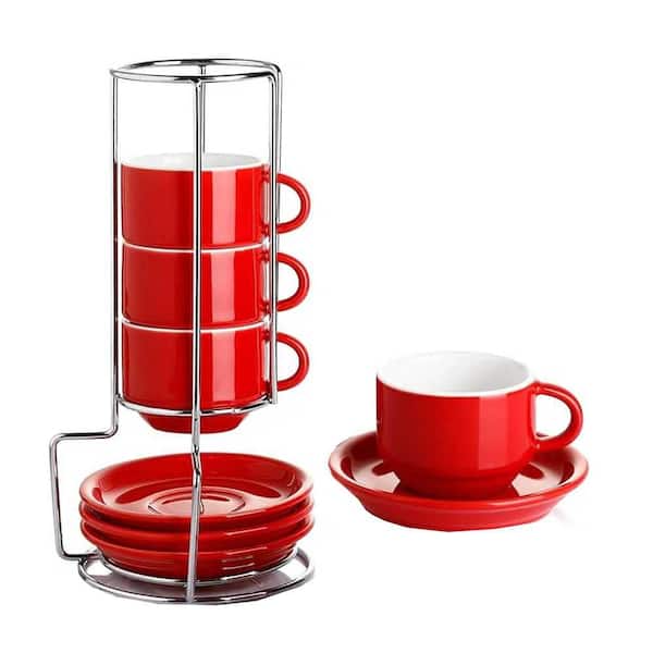Anqtovp 4 oz. Red Porcelain Stackable Espresso Cups with Saucers and Metal Stand (Set of 4)