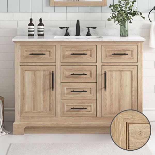 Doveton 48 in. Single Sink Freestanding Weathered Tan Bath Vanity with White Engineered Marble Top (Assembled)