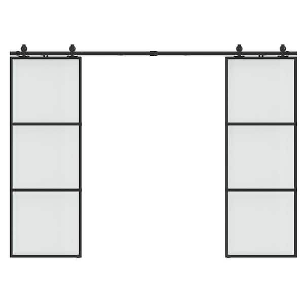 SOCBAZZAR 56 in. x 84 in. Full-lite Frosted Glass Black Metal Frame Double Sliding Barn Door with Hardware Kit and Soft-close
