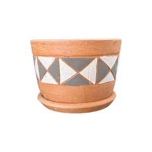 Terra Terrace Medium 5 in. 1/2 tall red with a middle colorful trim, clay,indoor / outdoor planter with plate