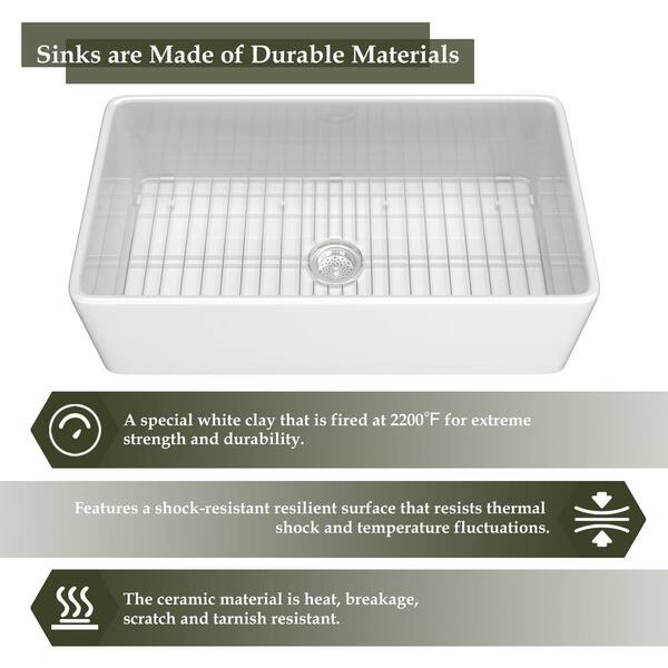 Kuomih White Fireclay 33 in. Single Bowl Farmhouse Apron