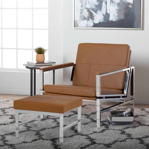 Studio Designs Home Atlas Chrome/Caramel Bonded Faux Leather Upholstery Rectangle Footstool Medium Ottoman