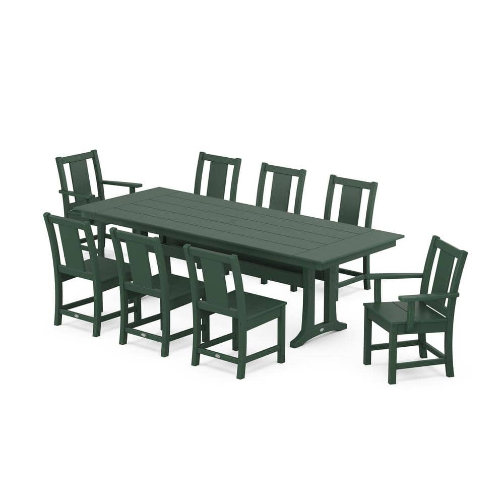 9-Piece Prairie Farmhouse Trestle Plastic Rectangular Outdoor Dining Set in Green